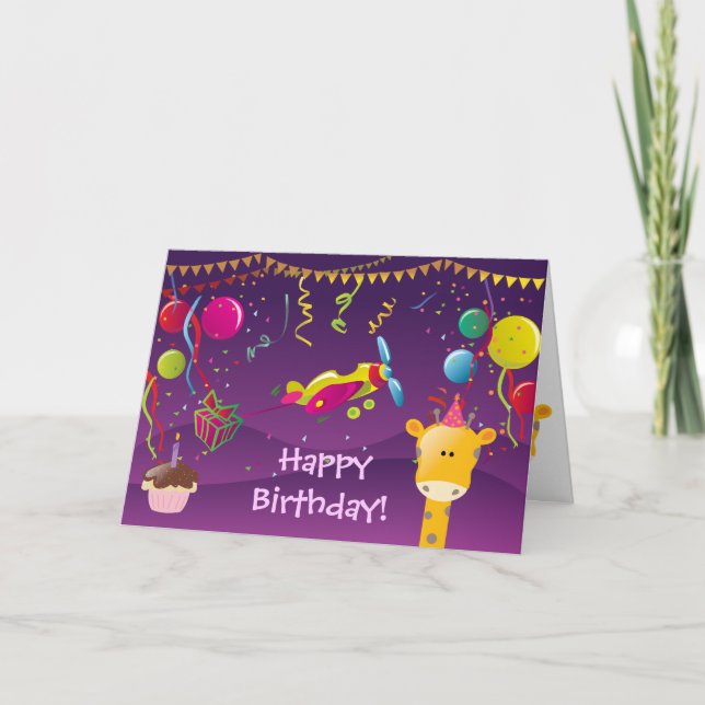 Cartão Colorful Giraffe, Plane, Cake & Balloons Birthday (Frente)