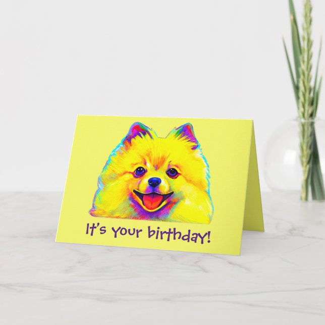 Cartão Colorful Happy Birthday Pomeranian (Frente)
