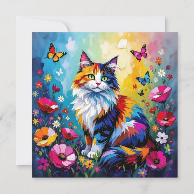 Cartão Colorful Impasto Cat, Flowers and Butterflies (Frente)