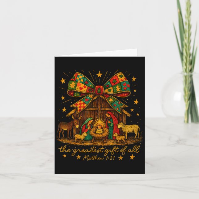 Cartão Colorful Nativity – Greatest Gift Matthew 1_21  (Frente)