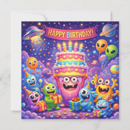Cartão Colorful Space Monster Birthday Party with UFO 