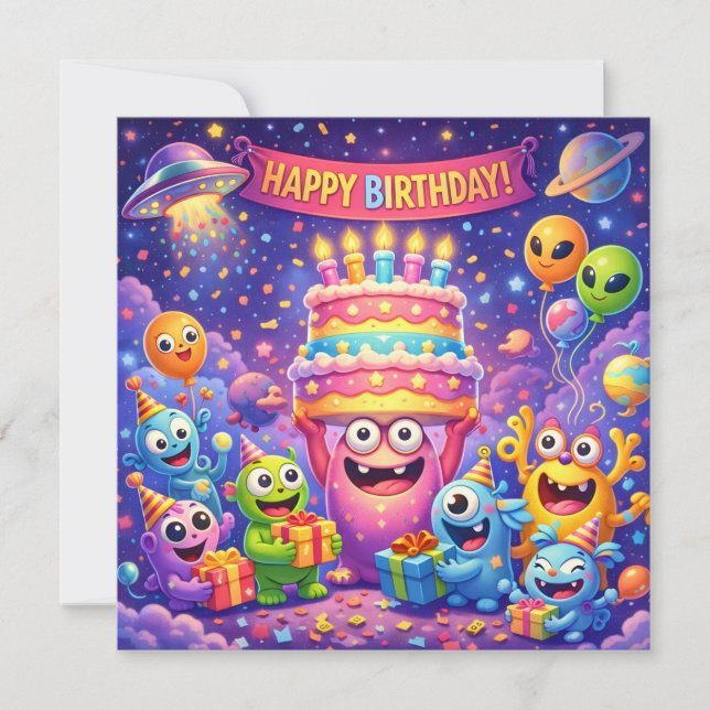 Cartão Colorful Space Monster Birthday Party with UFO  (Frente)