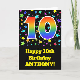 Cartão Colorful Stars + Rainbow Pattern "10" Birthday #