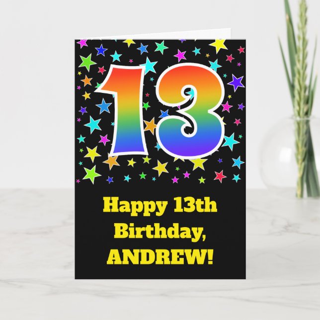 Cartão Colorful Stars + Rainbow Pattern "13" Birthday # (Frente)
