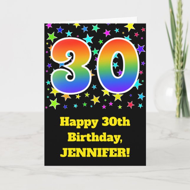 Cartão Colorful Stars + Rainbow Pattern "30" Birthday # (Frente)