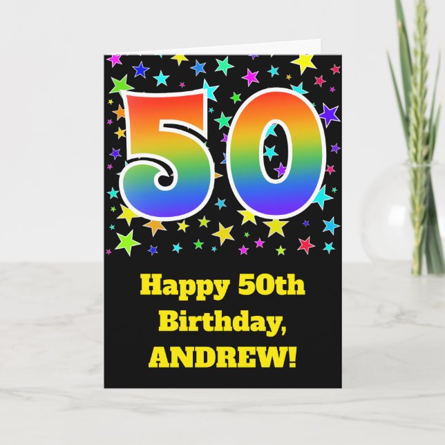 Cartão Colorful Stars + Rainbow Pattern "50" Birthday # (Frente)