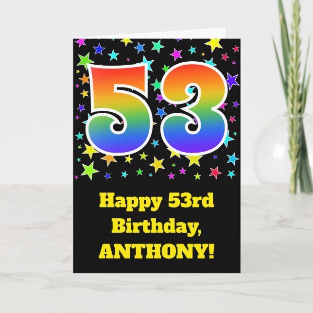 Cartão Colorful Stars + Rainbow Pattern "53" Birthday # (Frente)