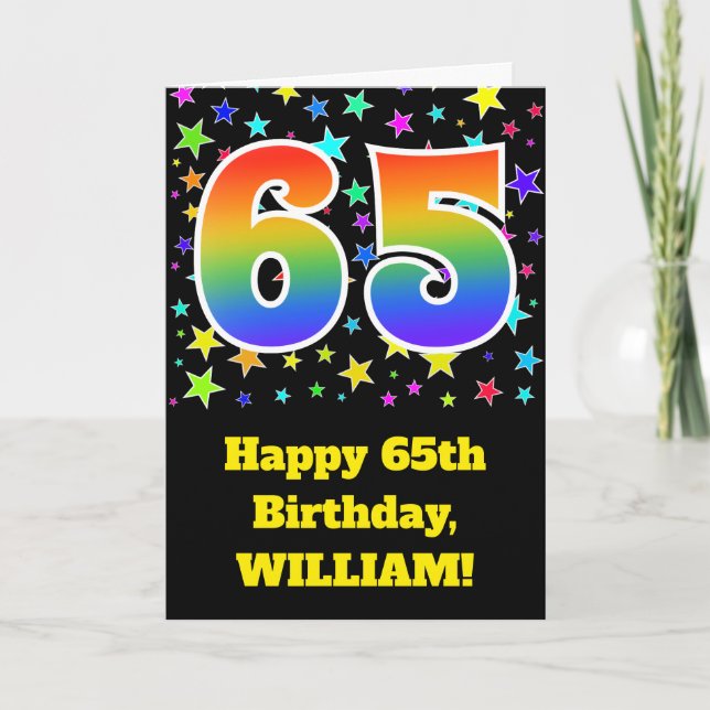 Cartão Colorful Stars + Rainbow Pattern "65" Birthday # (Frente)