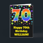 Cartão Colorful Stars   Rainbow Pattern "70" Birthday #<br><div class="desc">The front of this exciting, fun, and vibrant birthday greeting card design features a pattern of colorful star shapes, along with the number "70" having a multicolored rainbow inspired spectrum gradient pattern, on a black colored background. The front also features a birthday greeting message, including a custom recipient name. The...</div>