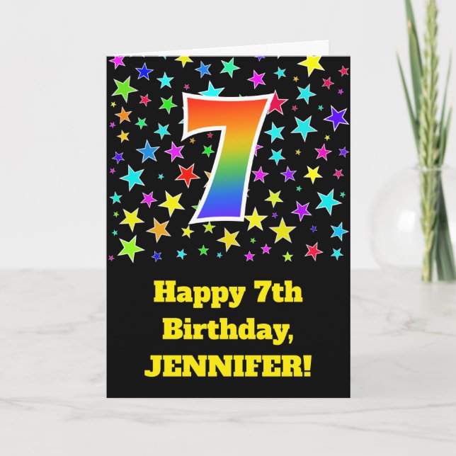 Cartão Colorful Stars + Rainbow Pattern "7" Birthday # (Frente)