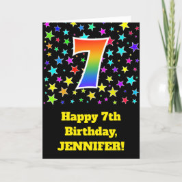 Cartão Colorful Stars + Rainbow Pattern "7" Birthday #
