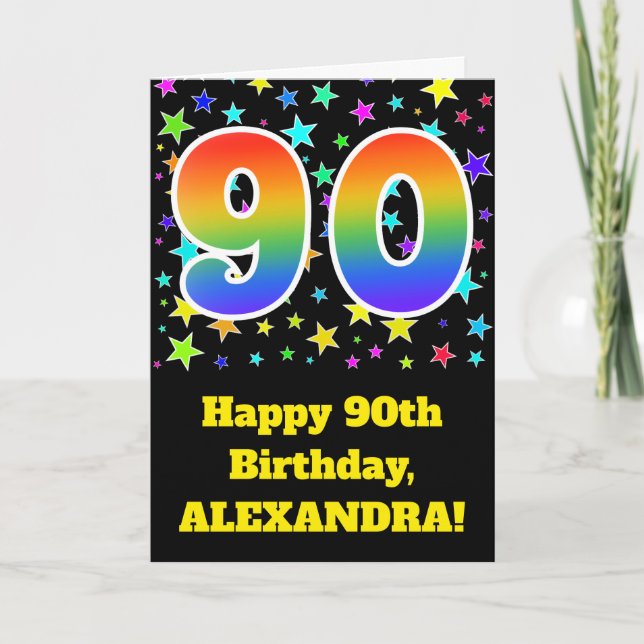 Cartão Colorful Stars + Rainbow Pattern "90" Birthday # (Frente)