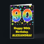 Cartão Colorful Stars   Rainbow Pattern "90" Birthday #<br><div class="desc">The front of this exciting, fun, and vibrant birthday greeting card design features a colorful stars pattern, along with the number "90" having a multicolored rainbow inspired spectrum gradient pattern, on a black colored background. The front also features a birthday greeting message, including a customizable recipient name. The inside features...</div>
