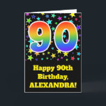 Cartão Colorful Stars   Rainbow Pattern "90" Birthday #<br><div class="desc">The front of this exciting, fun, and vibrant birthday greeting card design features a colorful stars pattern, along with the number "90" having a multicolored rainbow inspired spectrum gradient pattern, on a black colored background. The front also features a birthday greeting message, including a customizable recipient name. The inside features...</div>