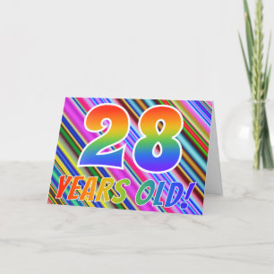 Cartão Colorful Stripes + Rainbow Pattern "28 years old!"