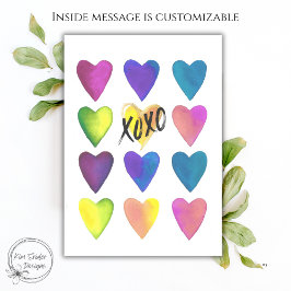 Cartão Colorful Watercolor Hearts XOXO Valentine’s Day 
