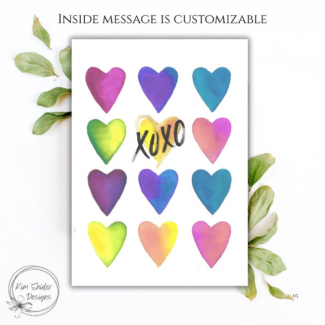 Cartão Colorful Watercolor Hearts XOXO Valentine’s Day  (Criador carregado)