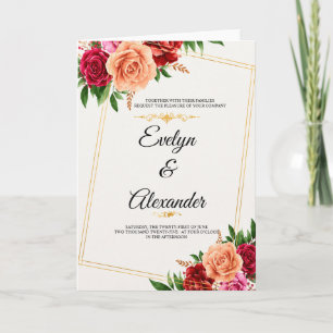 Cartão Colorida Moldura Dourada Floral Aquarela Casamento