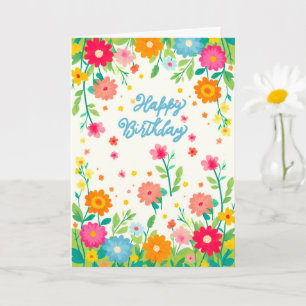 Cartão Colorido Jardim Floral Alegre Feliz Aniversário