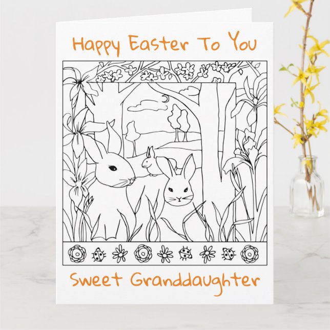 Cartão Coloring Book Easter Card Granddaughter Rabbits (Flor Amarela)