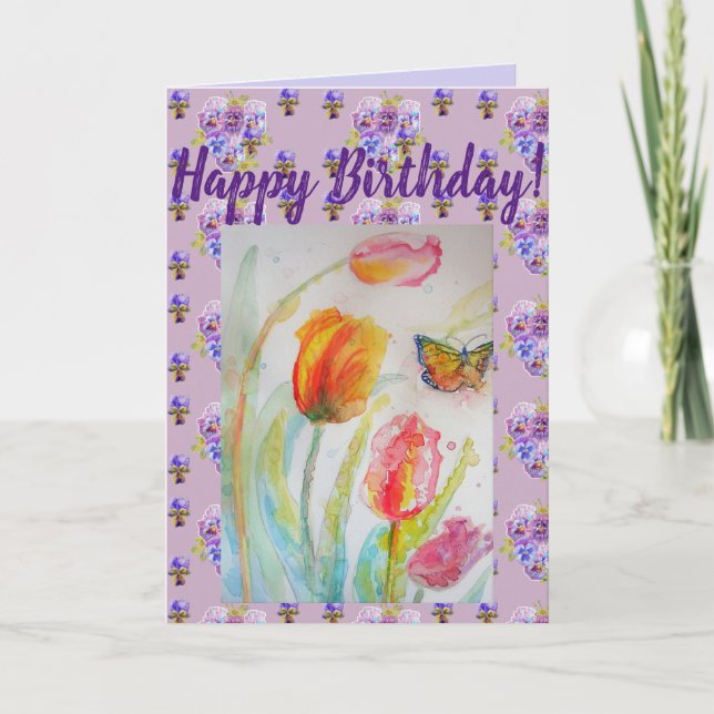 Cartão Colourful Tulip and Butterfly Watercolour art Card (Frente)