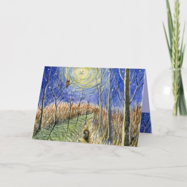 Cartão Coluna, Coruja, Lua e Estrelas Aquarela (Frente)
