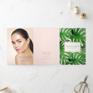 Cartão Com Dobra Tripla Aquarela Folhas Tropicais de Monstera Rosa Brochur