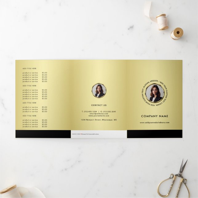 Cartão Com Dobra Tripla Black & gold design, Logo or Photo, Price List  (Fora)