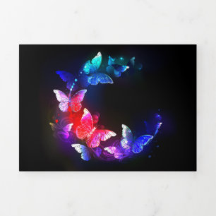 Cartão Com Dobra Tripla Borboletas Neon Night brilhantes sobre fundo preto
