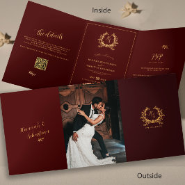 Cartão Com Dobra Tripla Burgundy Dourado Monograma Foto QR | RSVP Casament