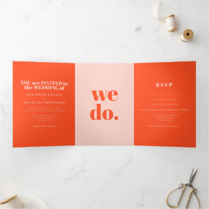Cartão Com Dobra Tripla Casamento Formal Minimalista Cor-de-Rosa Laranja