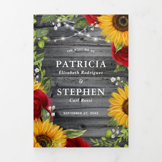 Cartão Com Dobra Tripla Casamento Rustic Sunflower Burgundy Foto de Rosa v (Cobrir)