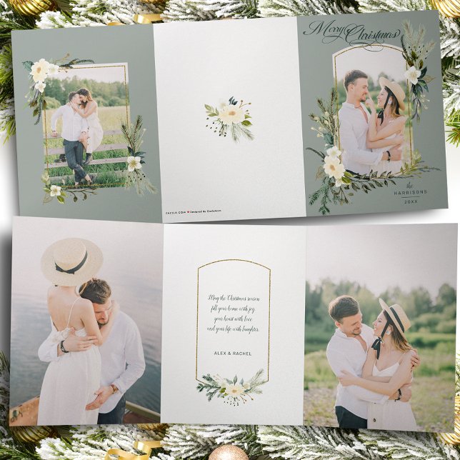 Cartão Com Dobra Tripla Chic Sage Christmas Botanical w/Dourada Arch Photo (Criador carregado)