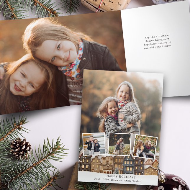 Cartão Com Dobra Tripla Colagem de Quatro Fotos da Vila Snowy Winter (Criador carregado)