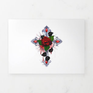 Cartão Com Dobra Tripla Cruz de Prata com Rosa vermelha