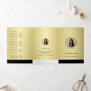 Cartão Com Dobra Tripla Design preto e dourado, Logotipo ou Foto, Lista de