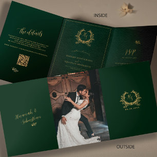 Cartão Com Dobra Tripla Detalhes de RSVP com Código QR de Foto Monograma e