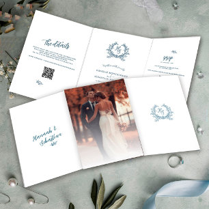 Cartão Com Dobra Tripla Detalhes do Casamento com QR Code de RSVP em Azul