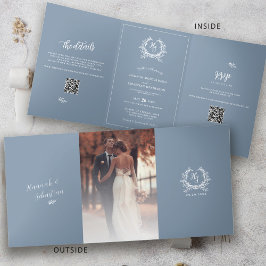 Cartão Com Dobra Tripla Detalhes do Casamento com QR Code RSVP em Azul For
