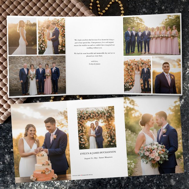 Cartão Com Dobra Tripla Elegant Thank You with 9 Wedding Photos (9 pic thank you card / keepsake album from Wedding Photo Thank You Cards Collection by Darling & May)