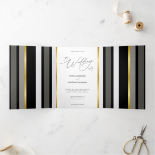 Cartão Com Dobra Tripla Elegante Faixa Preta Cinza Dourado Foto Casamento