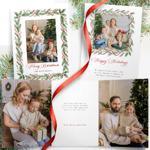 Cartão Com Dobra Tripla Elegante Foto de Natal com Verde e Fita