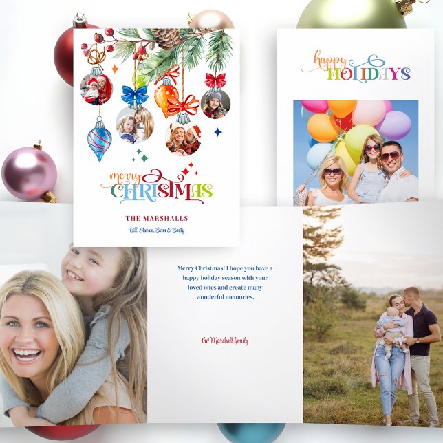 Cartão Com Dobra Tripla Festive Merry Christmas Pine & Baubles 4 Photo (Criador carregado)