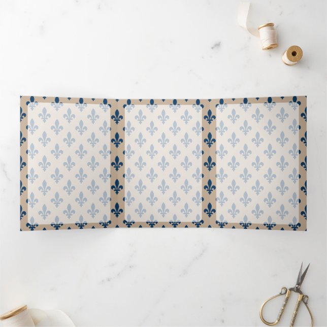 Cartão Com Dobra Tripla Fleur de Lis Pattern, Francês, Real, Azul Marinho (Dentro)