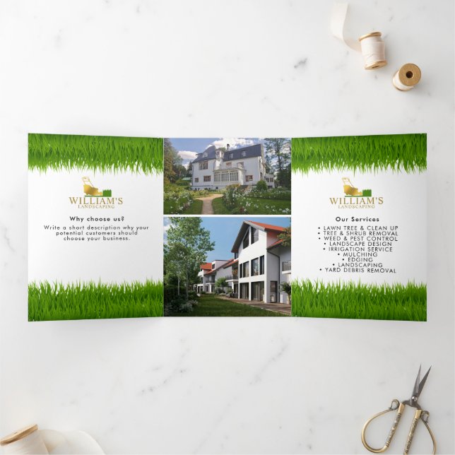 Cartão Com Dobra Tripla Folheto de Leão de Cortar Serviços Dourados de Lei (Dentro)