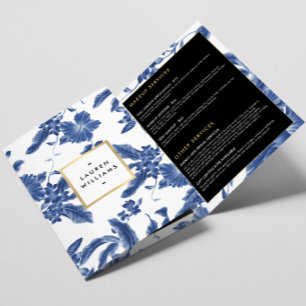 Cartão Com Dobra Tripla Folheto de Padrão Floral Branco e Azul Vintage