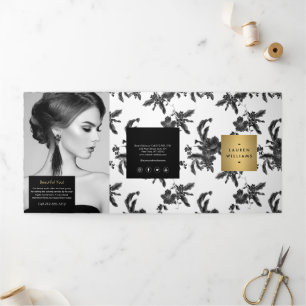 Cartão Com Dobra Tripla Folheto de Padrão Floral Preto Vintage