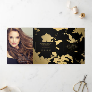 Cartão Com Dobra Tripla Folheto Dourado Elegante do Padrão Floral Negro Sa