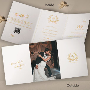 Cartão Com Dobra Tripla Foto do Monograma Dourado de marfim QR   RSVP   De
