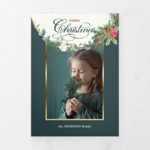 Cartão Com Dobra Tripla Foto Floral do Feliz Natal da Caligrafia